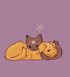 two cats cuddle together in the middle of a purple background with sun above them