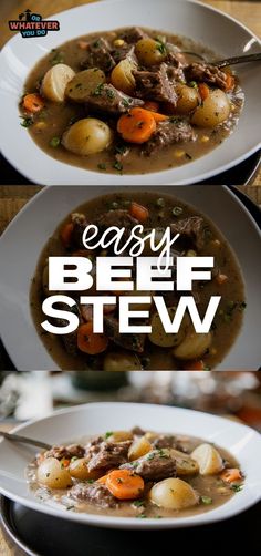 two plates filled with beef stew on top of a wooden table and the words easy beef stew above it