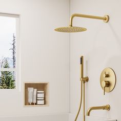 a bathroom with a shower head and hand held shower faucet