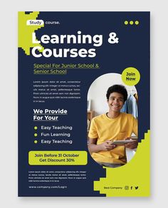 a flyer for a school with a man in yellow shirt