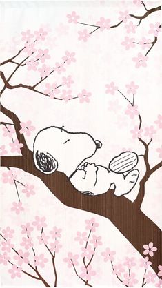 a drawing of a teddy bear sleeping on a tree branch with pink flowers in the background