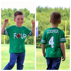 two photos of a young boy wearing a green shirt with the number four on it