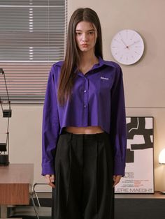 The cropped shirts made of premium cotton fabric that has soft texture and comfortable fit. Featuring the 'Bloom' letter embroidery at chest, and the relaxed silhouette. The unique and vivid purple color is highlighted. Style with various bottoms to create looks from casual to formal mood. - Cropped length and relaxed silhouette- 'Bloom' letter embroidery detail at chest- Front buttons closure detail- One-button barrel cuffs- Unique and vivid purple color Dark Purple Shirt Outfit, Purple Shirt Outfit Women, Purple Shirt Outfit, Dark Purple Shirt, Purple Shirt Outfits, Cropped Shirts, Letter Embroidery, Purple Shirt, Dark Jeans