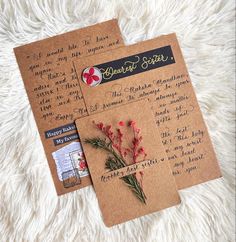 two pieces of brown paper with flowers on them sitting on a white furnishing