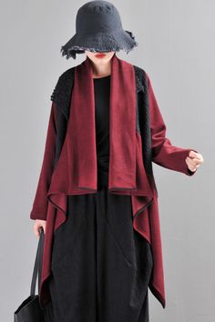 #waterfall #burgundy #cardigan #designer Exotic Dramatic, Burgundy Cardigan, Wool Sweaters Womens, Waterfall Cardigan, Knitting Wool, Casual Jumpsuit, Loose Dress, Linen Clothes, Indian Art