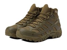 Merrell Work Moab Velocity Tactical Mid Waterproof - Men's Shoes : Dark Olive : Part of the Merrell Work Collection. Work carefree while enjoying the comfort when the Merrell Work Moab Velocity Tactical Mid Waterproof shoes have your back. Non-safety toe. Merrell Air Cushion in the heel absorbs shock and adds stability. COMFORTBASE contoured, removable insole for all day comfort. Oil and slip resistant rubber outsole passes Mark II testing. Waterproof textile upper. TOUGHFRAME LT cage protection Khaki Work Boots With Reinforced Toe For Outdoor Activities, Khaki Tactical Waterproof Boots For Outdoor Activities, Tactical Khaki Waterproof Hiking Boots, Durable Khaki Waterproof Boots For Outdoor, Khaki Tactical Waterproof Boots For Outdoor, Outdoor Waterproof Khaki Boots With Reinforced Toe, Khaki Hiking Boots With Reinforced Toe, Tactical Khaki Hiking Boots For Outdoor Work, Khaki Combat Hiking Boots For Outdoor