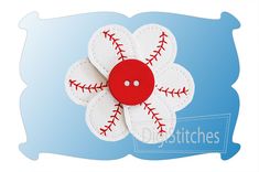 a red and white flower with baseball stitchs on it's center piece is shown in front of a blue background