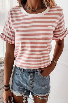 Pink Casual Striped Ruffle Sleeve Short Sleeve T-shirt Tshirt Women, Pink And White Stripes, Striped T Shirt, Casual Stripes, Costumes For Women, Womens Fashion Casual, Stripe Print, Fashion Casual, Casual Style