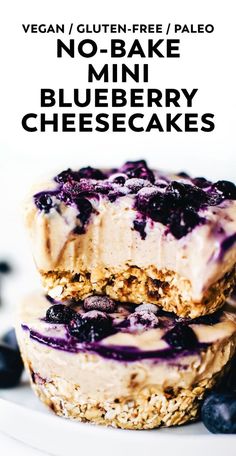 no - bake mini blueberry cheesecakes stacked on top of each other