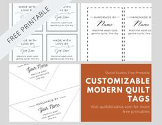 the printable modern quilt tags are shown in four different colors and sizes, with text that