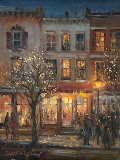 an oil painting of people walking in front of a building at night with lights on