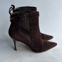 Authentic Manolo Blahnik Soft Suede Booties. 3 1/2 Inch Heel. Preowned In A Great Condition. Size 38 Fits 7-7.5 Us Formal Heeled Boots With Ankle Strap, Fitted Ankle Strap Heeled Boots For Formal Occasions, Formal Fitted Heeled Boots With Ankle Strap, Chic Brown Ankle Strap Heeled Boots, Chic Brown Heeled Boots With Ankle Strap, Formal Pointed Toe Boots With Heel Loop, Elegant Brown Ankle Strap Boots, Formal Pointed Toe Boots With Heel Strap, Formal Boots With Heel Strap And Pointed Toe