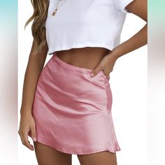 Light Pink Satin-Like Mini Skirt, Never Worn Trendy Fitted Amazon Bottoms, Casual Fitted Skirt By Amazon, Amazon Casual Fitted Skirt, Amazon Casual Mini Skirt Bottoms, Solid Color Amazon Bottoms For Summer, Solid Color Summer Bottoms From Amazon, Fitted Amazon Bottoms For Spring, Amazon Solid Summer Bottoms, Fitted Summer Bottoms By Amazon