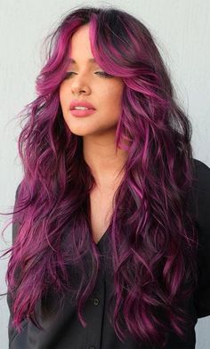 Plum Hair With Pink Highlights, Funky Dark Hair Color, Vivid Hair With Bangs, Purple Pink And Black Hair, Vivid Color Highlights, Purple Pink Balayage, Brown Hair With Fun Colors, Barbiecore Hair, Colored Streaks In Hair