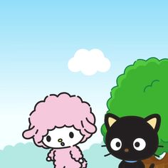 a black cat standing next to a tree and a pink haired girl in front of it