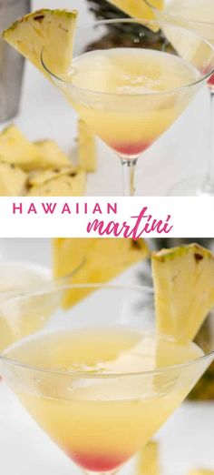 two martinis with pineapple garnish and the words hawaiian martini on top