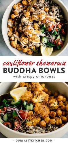 cauliflower shawama buddha bowl with lemon wedges and garnishes