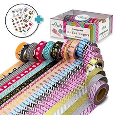 several rolls of washi tape with different patterns and colors on them next to each other