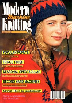 the cover of modern knitting magazine featuring a woman wearing a knitted hat with braids