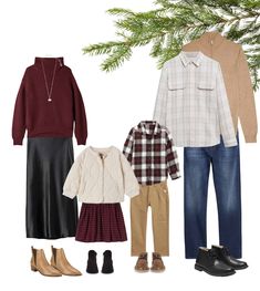 an image of family clothes for the fall and winter months with pine tree branches in background