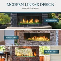 the modern linear design is available in three options, and includes an outdoor fireplace with built - in logs