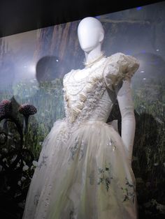 a white dress on display in a window