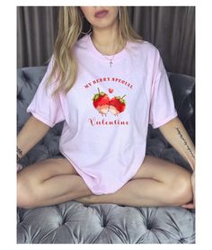 "Strawberry valentine t shirt with text graphic : My berry special Valentine and kawaii strawberries. - Gildan t shirt - Classic fit - 100 %cotton - Machine wash and dryer safe - Cold wash inside out, low heat tumble dryer Unisex SIZING Chart: Small: Length 28\" - Width 18\" (4-6) Medium: Length 29\" - Width 20\" (6-10) Large: Length 30\" - Width 22\" (10-14) X2XL: Length 32\" - Width 26\" (18-20) 3XL: Length 33\" - Width 28\" (20-22) All measurements are approximations. Shirts may be within 1\" Sweet Strawberry Print Short Sleeve T-shirt, Cute Pink T-shirt With Strawberry Print, Sweet Pink T-shirt With Strawberry Print, Sweet Pink Strawberry Print T-shirt, Pink Short Sleeve Tops With Fruit Print, Sweet Strawberry Print Crew Neck T-shirt, Pink Strawberry Print Crew Neck Top, Cute Pink Fruit Print Tops, Cute Strawberry Print T-shirt As Gift