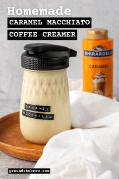 homemade caramel macchiato coffee creamer on a wooden plate next to an orange canister