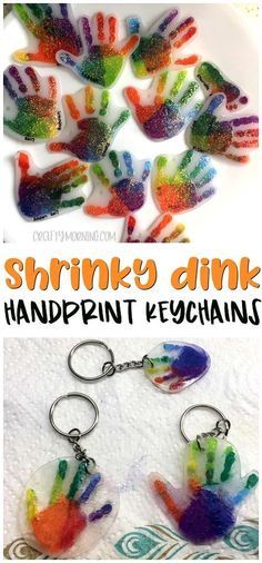 handprinted keychains with the words shrinky dink on them in different colors