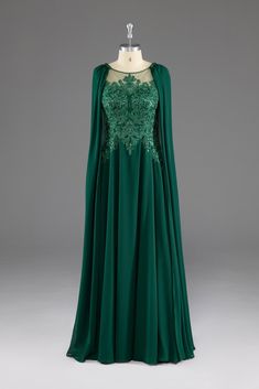 A-Line Chiffon Floor Length Mother of The Bride Dress with Detachable Cape Green Chiffon Evening Dress For Mother Of The Bride, Green Chiffon Evening Dress For Gala, Green Chiffon Evening Dress, Black Lace Formal Dress, Yellow Evening Dresses, Detachable Cape, Purple Homecoming Dress, Prom Dress Pictures, Dark Red Dresses