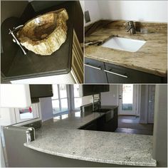 three different views of a kitchen with granite counter tops and stainless steel sink faucets