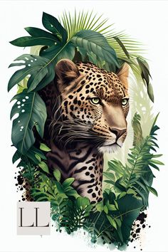 a painting of a leopard in the jungle with leaves around it's neck and eyes