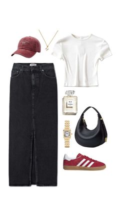 Spring outfit idea Red Cap Outfit, Adidas Gazelle Red, Red Adidas Gazelle, Red Shoes Outfit, High Waist Denim Skirt, Spring Skirt Outfits, Spring Outfit Idea, Golden Watch, Jean Skirts