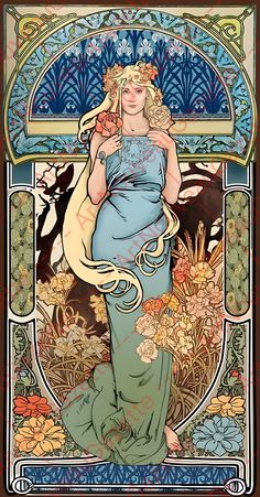 an art nouveau poster with a woman in blue dress and flowers on the back ground