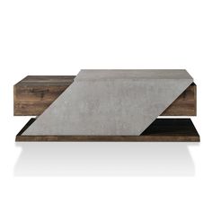 a concrete and wood coffee table with two sections on each side, one section is folded over the other