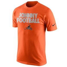 an orange nike shirt with the words johnny football on it and a helmet in white