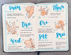 Bujo Seashell Theme, Ocean Theme Bullet Journal, Bujo Beach Theme, Bujo Ocean Theme, Summer Bujo Themes, Bullet Journal Beach Theme, Bullet Journal Summer Theme, Beach Bujo, Bullet Journal 1st Page