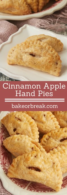 cinnamon apple hand pies on a red and white plate with text overlay that reads cinnamon apple hand pies