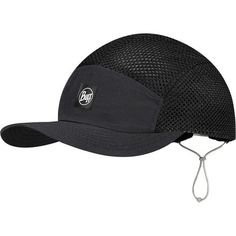 a black hat with a white logo on the side and a string at the peak