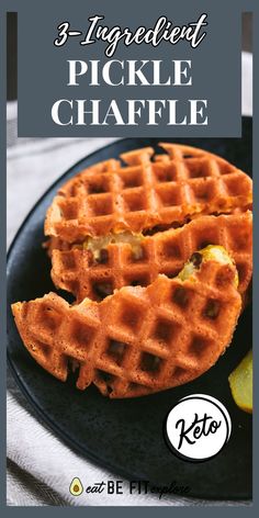 Graphic with the title "3-Ingredient Pickle Chaffle" and a photo of the dish. Tuna Chaffle Keto, Chaffle Recipes No Almond Flour, Fried Pickle Chaffle, Fried Pickle Chaffle Recipe, Pickle Chaffle Recipe, Chicken Chaffle Recipe Keto, Chicken Chaffle Recipe, Keto Chaffle Recipes Easy, Pickle Chaffle