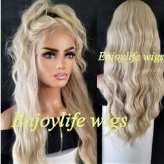 sexy blonde transparent lace h.d front loose wave curly wig perfect for all skin tones this wig is a human synthetic blend wig with a natural looking part has adjustable straps and combs in the cap can handle light heat Wigs For White Women, Long Blonde Wig, Natural Looking Wigs, Human Hair Wigs Blonde, Long Curly Wig, Wig Color, Icy Blonde, Beautiful Wigs, Straight Lace Front Wigs