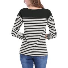 This contrast stripe T-shirt is a classic style for daily life. This piece is contrasted with a color block to fulfill your style statement from a boring all-over stripe top. It's cut from soft fabric that makes you feel comfortable day to night. These casual striped t-shirts match jeans, pants, skirts, or leggings freely, and they are perfect for daily wearing. Striped T Shirt, Casual Stripes, Hem Style, Women's T Shirts, Basic T Shirt, Striped Fabrics, Chic Woman, Striped Blouse, Woman Colour