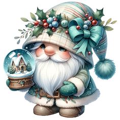 a painting of a santa clause holding a snow globe