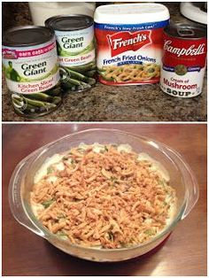 three pictures with different types of food in the bottom and on the top, there are canned foods