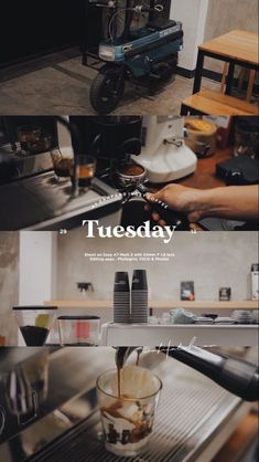 two pictures of coffee being poured into a glass in the kitchen and on the counter