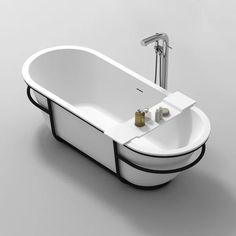 a bathtub with two faucets is shown in white and black color scheme