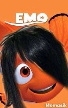 an animated character with long black hair and orange wings on the cover of emo