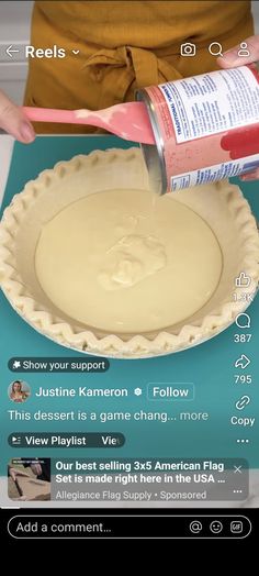 someone is pouring something into a pie crust