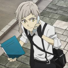 an anime character is talking on his cell phone and holding a folder in one hand