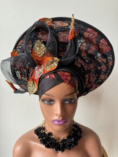 African Head tie/ asoke headtie. High quality asoke for wedding party / birthday party Head Tie, African Head Wraps, Head Ties, Black And Orange, Beauty Style, Turbans, Hair Accessories Headbands, Party Birthday, Head Wraps